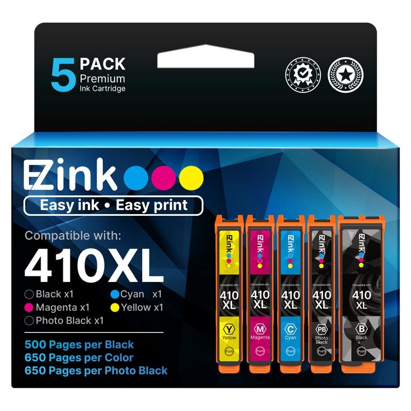 E-Z Ink 410 Ink Cartridges Remanufactured for Epson 410 410XL Printer Ink Cartridges 5 Pack Work with Expression XP-7100 XP-640 XP-830 XP-530 XP-630 XP-635 (Black, Cyan, Magenta, Yellow, Photo Black) - Image 1
